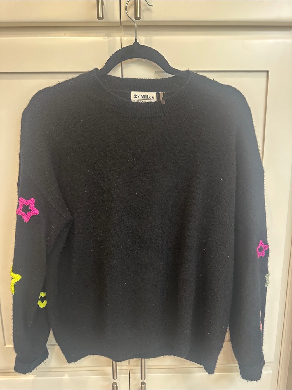 27 Miles Black Crewneck Sweater with Neon Star Accents
